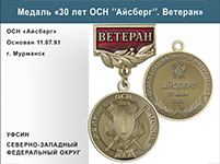 Медаль «30 лет ОСН "Айсберг" УФСИН РФ» с бланком удостоверения