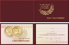 Комплект Золотая медаль "За особые успехи в учении" по новому приказу с бланком удостоверения и футляром.