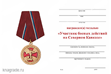 Медаль МВД РФ «Участник боевых действий на Северном Кавказе» с бланком удостоверения
