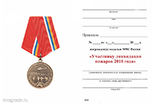 Медаль «Участнику ликвидации пожаров в 2010 году» с бланком удостоверения