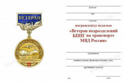 Медаль «Ветеран подразделений БППГ на транспорте МВД России» с бланком удостоверения